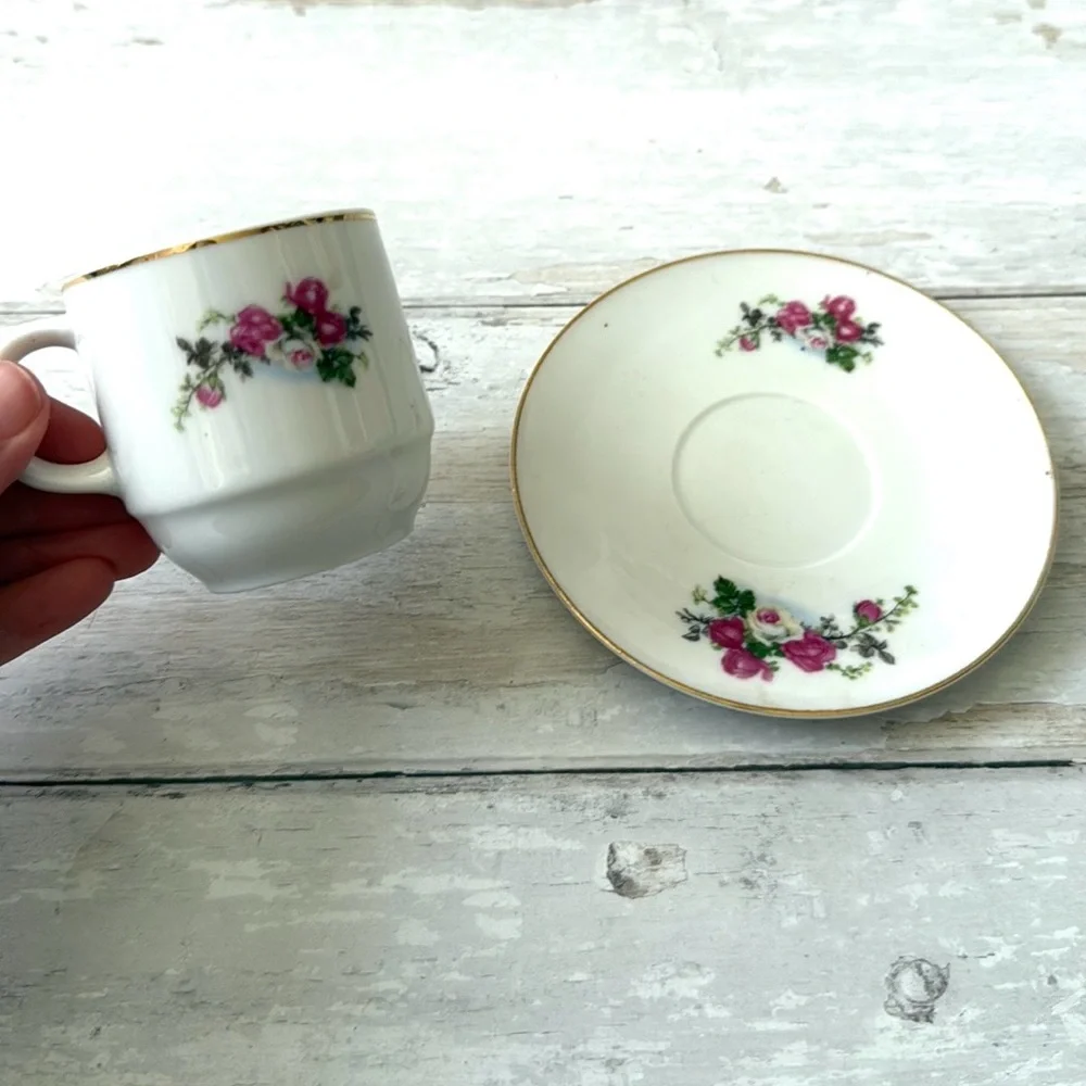 Pink Roses Floral Teacup & Saucer Set Fine China Tea Cup & Plate Gold Rim Rose